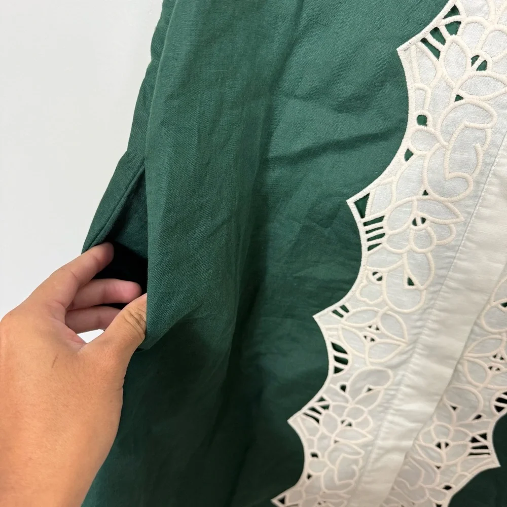 Tuckernuck Dark Green Eyelet Trim Cotton Linen Delilah Dress Size Medium - Picture 6 of 7